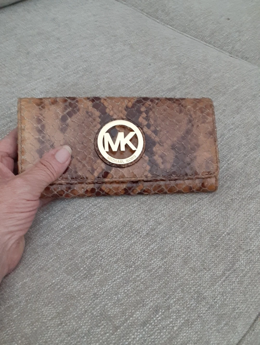 Michael Kors Brown Tan Snake-Print Continental Wallet with Gold MK Emblem